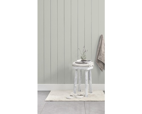 Scène de salle de bains avec lambris, tabouret, serviettes, chaussons de bain et tapis de bain