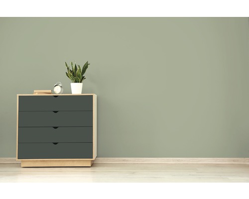 Kommode mit vier Schubladen, darauf eine Pflanze und eine Uhr