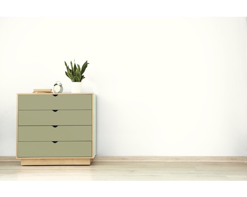 Commode avec quatre tiroirs, une plante, un réveil et des livres