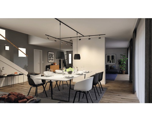 Heller Essbereich mit Esstisch, Stühlen und Schienenstrahlern.