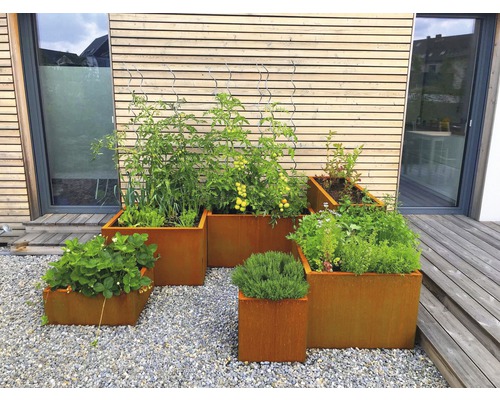Plusieurs bacs à fleurs rectangulaires en métal plantés dans le jardin