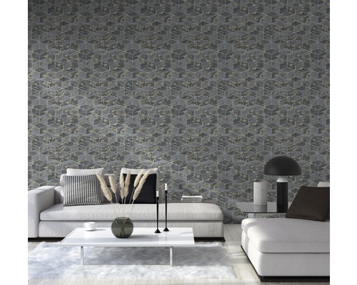 Salon avec papier peint à motifs en forme de cube et meubles blancs