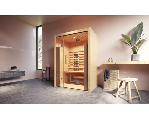 Intérieur avec sauna en bois, tabouret et étagère