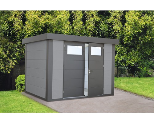 Abri de jardin Classico 2724 avec gouttière 268 x 238 cm gris clair Abri de jardin avec double porte et fenêtre dans le jardin