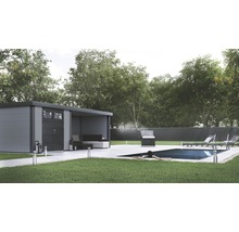 Gartenhaus Classico 3024 inkl. Regenrinne mit Seitendach, Rück- und Seitenwand rechts 602 x 258 cm lichtgrau