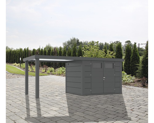 Gartenhaus Classico 2724 inkl. Regenrinne mit Seitendach links 572 x 259 cm granitgrau