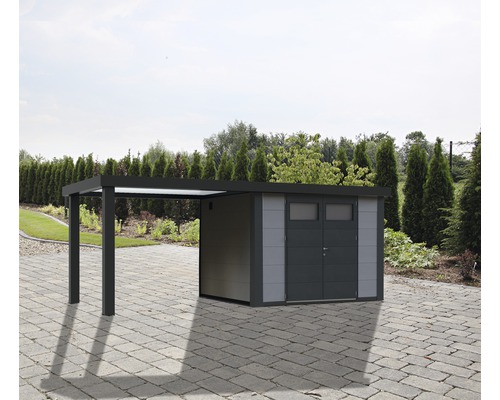 Gartenhaus Classico 3024 inkl. Regenrinne mit Seitendach links 602 x 259 cm lichtgrau