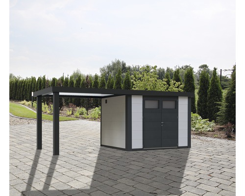 Gartenhaus Classico 3024 inkl. Regenrinne mit Seitendach links 602 x 259 cm weiß