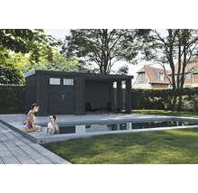 Gartenhaus Classico 3024 inkl. Regenrinne mit Seitendach, Rück- und Seitenwand inkl. Fenster rechts 602 x 258 cm granitgrau