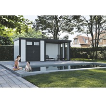Gartenhaus Classico 2724 inkl. Regenrinne mit Seitendach, Rück- und Seitenwand inkl. Fenster rechts 572 x 258 cm weiß