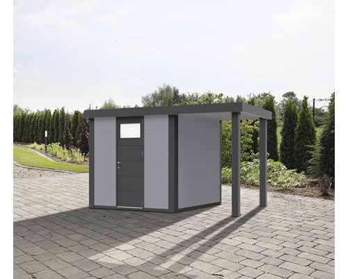 Abri de jardin Classico 2424 avec gouttière avec toit latéral à droite 405 x 238 cm gris clair