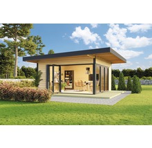 Modernes Gartenhaus mit Falttüren, umgeben von Rasenfläche und Pflanzen