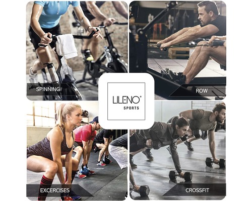 Collage de diverses activités sportives : spinning, aviron, exercices, crossfit et logo LILENO Sports
