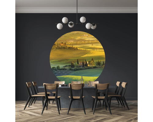 Table à manger avec chaises devant un sticker mural avec un paysage dans une salle à manger.