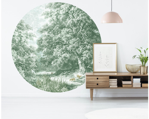 Décoration murale avec un motif de forêt rond et des cerfs au-dessus d''un meuble bas