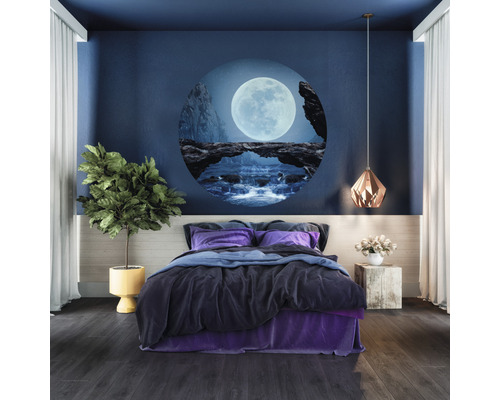 Chambre avec lit, plante d''intérieur, lampe et peinture murale avec motif de lune