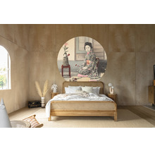 Chambre à coucher avec lit en bois et décoration murale ronde avec motif japonais