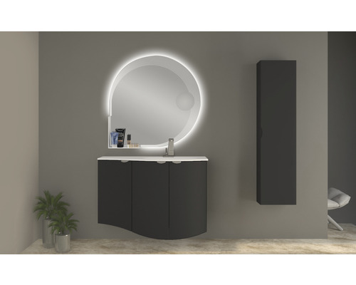 Salle de bain avec meuble sous-vasque, miroir et armoire suspendue