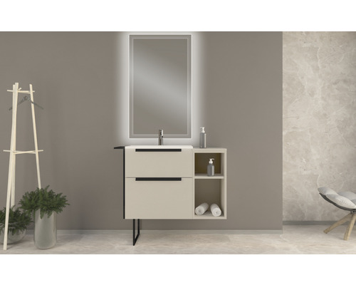 Salle de bain moderne avec meuble-lavabo, miroir avec éclairage et accessoires