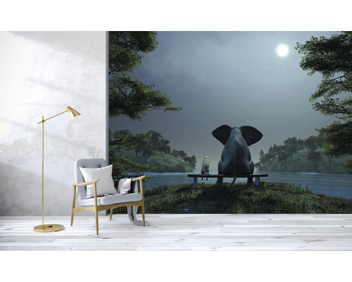 Papier peint décoratif avec éléphant, ours et lac de nuit dans un salon