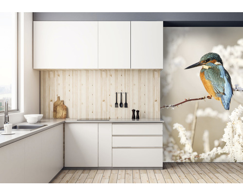 Cuisine moderne avec un papier peint photo d''oiseau