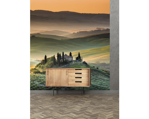 Wandbild mit Landschaftsmotiv und Holzkommode in einem Raum