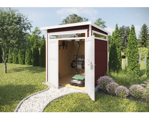 Gartenhaus weka 265 Gr. 1 inkl. Fußboden 220 x 161 cm rot Gartenszene mit Gerätehaus, Gartengeräten, Rasenmäher und Schubkarre