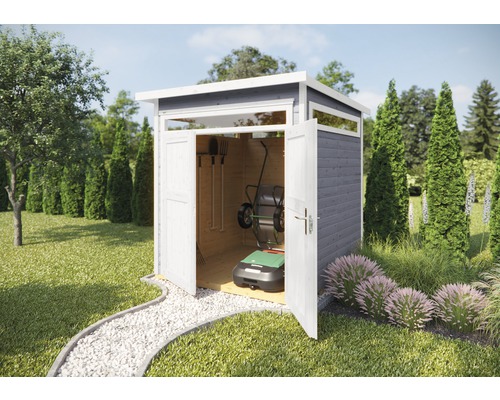 Gartenhaus weka 265 Gr. 1 inkl. Fußboden 220 x 161 cm grau Gartenszene mit Gerätehaus aus Holz mit geöffneten Türen, Gartengeräten und Rasenmäher