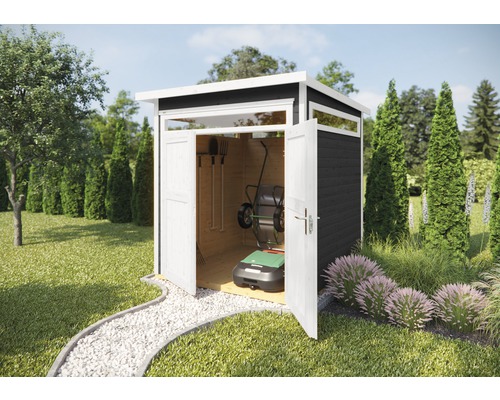 Gartenhaus weka 265 Gr. 1 inkl. Fußboden 220 x 161 cm anthrazit Gartenszene mit offenem Gerätehaus mit Gartengeräten und Rasenmäher