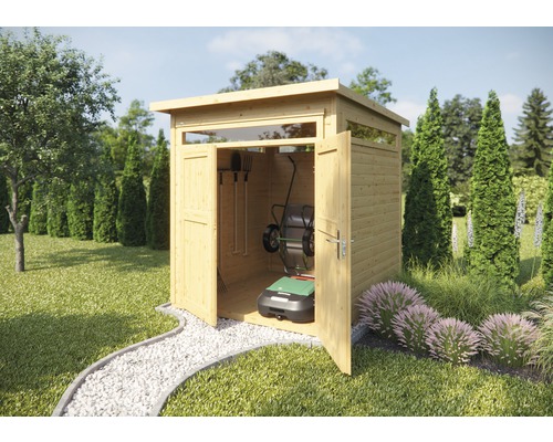 Gartenhaus weka 265 Gr. 3 inkl. Fußboden 247 x 286 cm natur Gartenszene mit offenem Holz Geräteschuppen, darin Gartengeräte und Rasenmäher