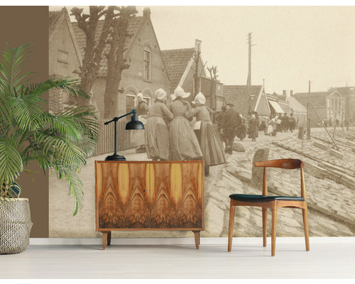 Espace de vie avec papier peint photo, commode, lampe de table, plante d''intérieur et chaise