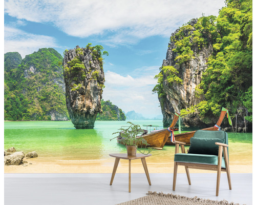 Papier peint photo avec paysage d''île thaïlandaise et bateaux de pêche en bois