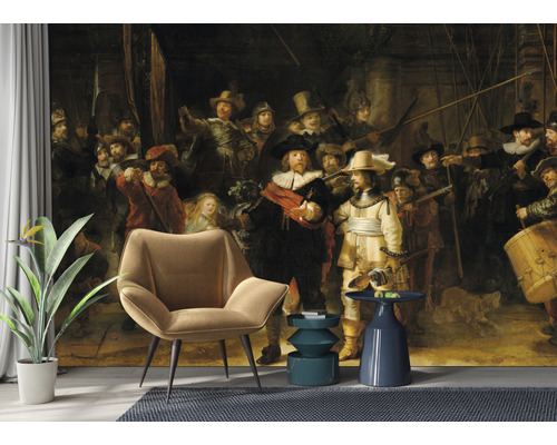 Intérieur avec fauteuil, tables d''appoint et papier peint avec motif de tableau