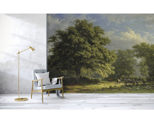 Wandbild mit Waldlandschaft, Baum, Himmel und Menschen