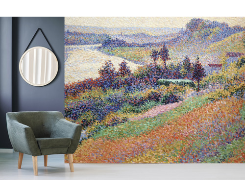 Exemple d''aménagement avec fauteuil, miroir et papier peint photo avec motif de paysage