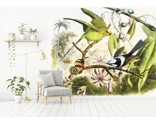 Espace de vie avec fauteuil et papier peint photo avec motifs d''oiseaux et de jungle