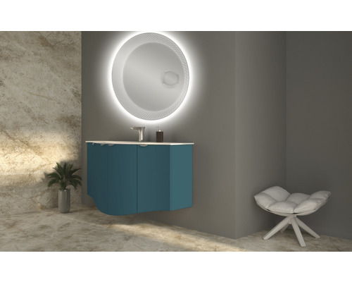 Salle de bain avec meuble sous-lavabo, miroir avec éclairage et tabouret