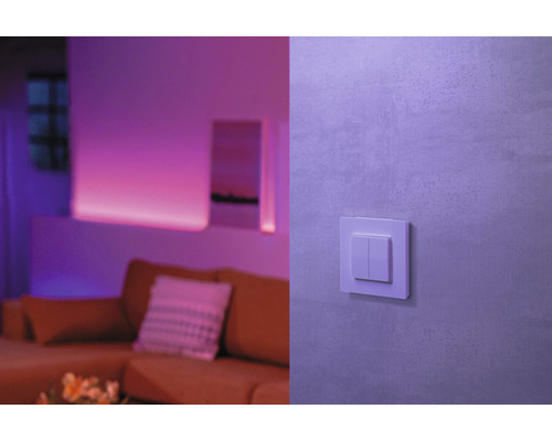 Zwei Lichtschalter auf einer Wand in einem Wohnzimmer mit LED-Beleuchtung