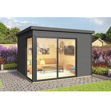 Modernes Gartenhaus mit Schiebetür und Flachdach, eingerichtet mit Sofa und Fernseher
