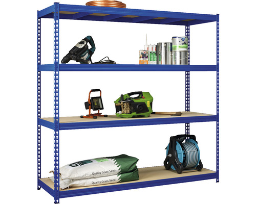 Étagère de rangement bleue avec outils et accessoires de jardin