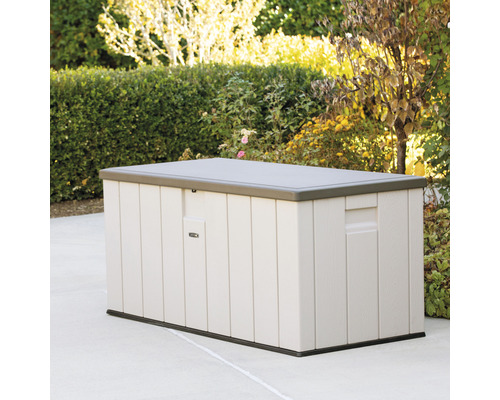Gartentruhe aus Kunststoff zur Aufbewahrung im Außenbereich.