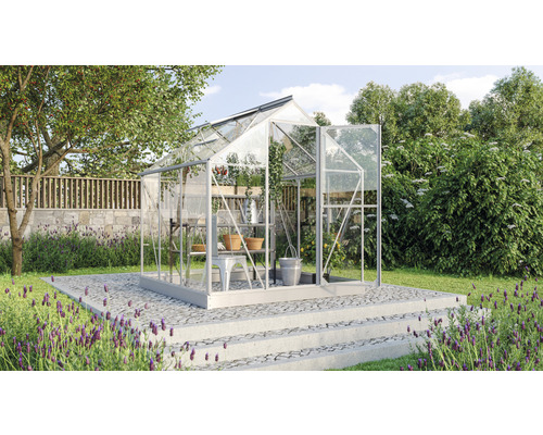 Gewächshaus Vitavia Triton 3800 Einscheibensicherheitsglas 3 mm 198 x 193 cm silber Gewächshaus im Garten mit Regalen und Gartenwerkzeugen
