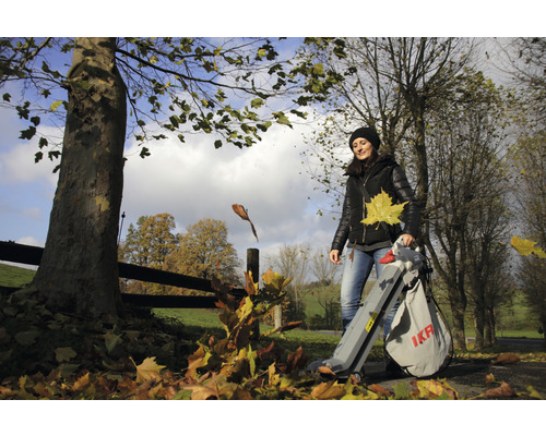 Une femme utilise un aspirateur de feuilles à l''extérieur pour enlever les feuilles mortes.