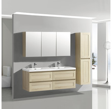 Modernes Badezimmer-Set mit Doppelwaschtisch, Spiegelschrank und Hochschrank für eine stilvolle Badeinrichtung.