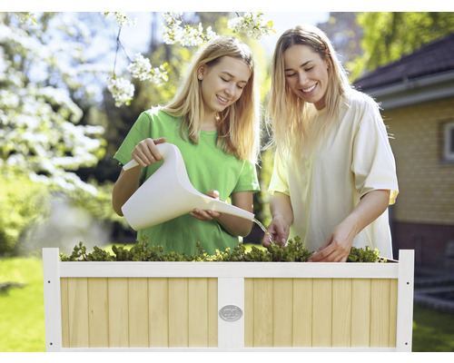Zwei Frauen gießen Pflanzen in einem Hochbeet mit einer Gießkanne im Garten.