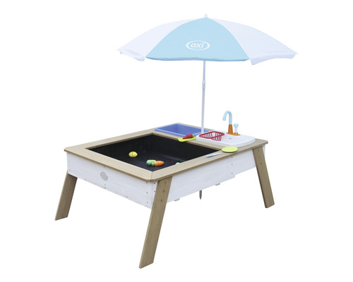 Table de jeu Axi avec parasol, comprenant une cuisine de jeu et un bac à sable