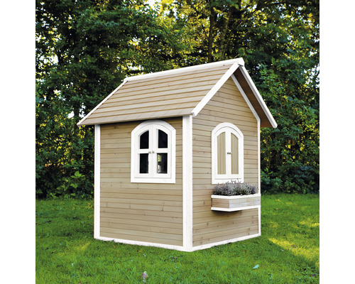 Maisonnette en bois avec deux fenêtres et une jardinière