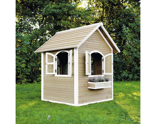 Maisonnette en bois avec fenêtres et jardinière dans le jardin.