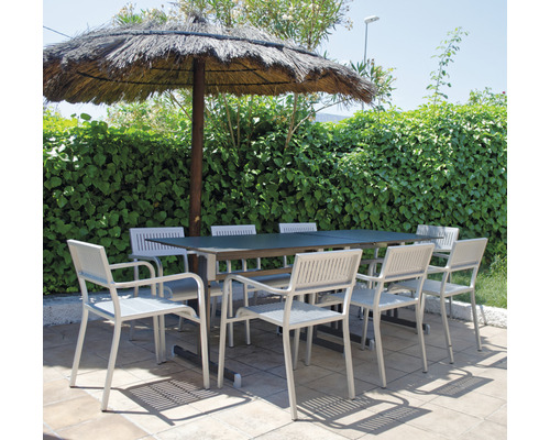 Scène de jardin avec table à manger, chaises et parasol