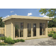 Gartenhaus aus Holz mit Fenstern und Doppeltür